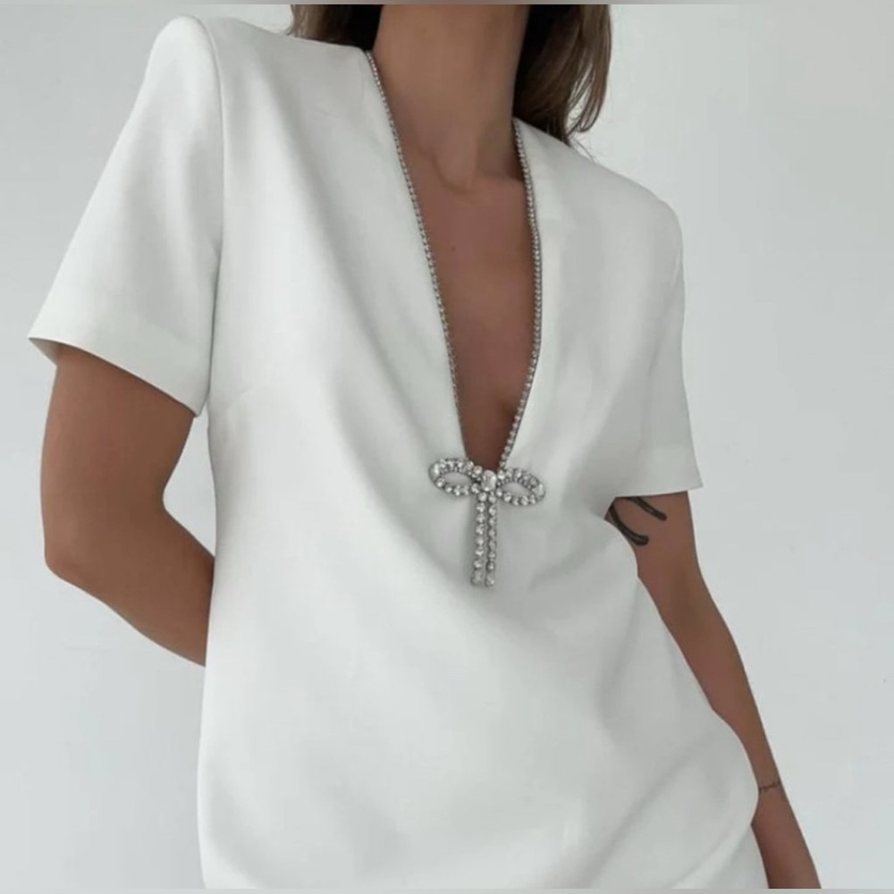Rumored Disco Mini Dress White V-Neck with Crystal Embellishment